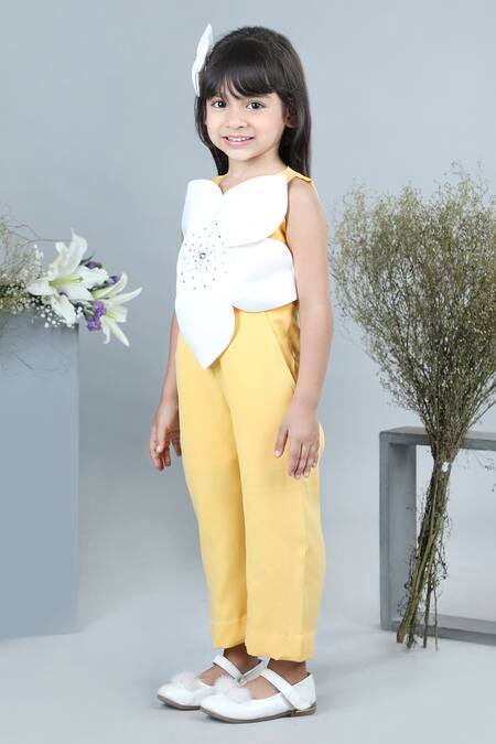 The Little Celebs_Yellow Crepe Embroidery Floral Applique Pattern Jumpsuit _at_Aza_Fashions