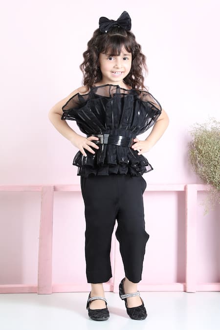 Buy_The Little Celebs_Black Crepe Embroidery Ruffled Belted Top With Pant _Online_at_Aza_Fashions