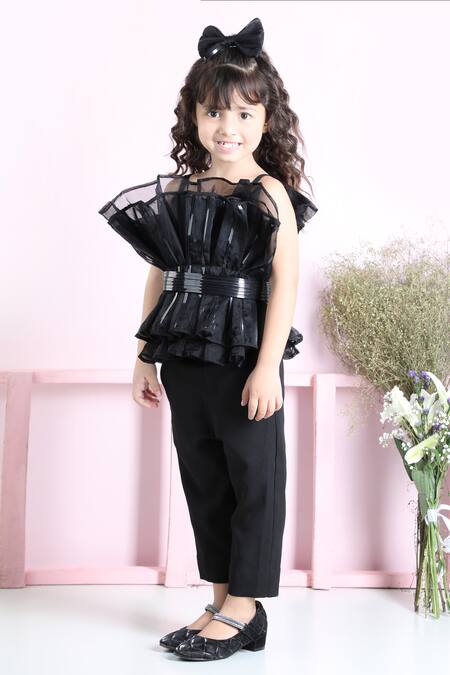 The Little Celebs_Black Crepe Embroidery Ruffled Belted Top With Pant _at_Aza_Fashions