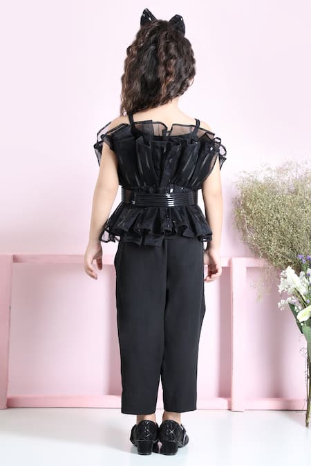 Shop_The Little Celebs_Black Crepe Embroidery Ruffled Belted Top With Pant _at_Aza_Fashions