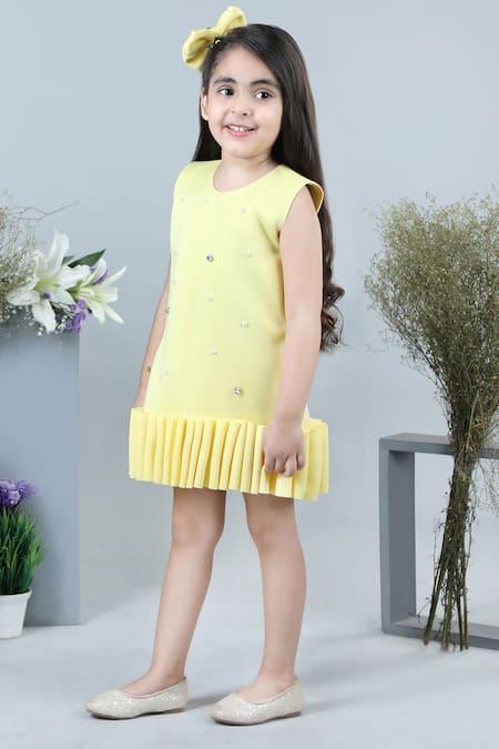 Buy_The Little Celebs_Yellow Neoprene, Crepe Pearls 3d Ruffle Hem Dress _Online_at_Aza_Fashions