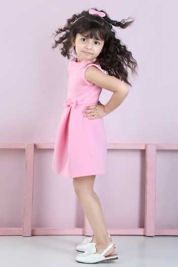 The Little Celebs_Pink Neoprene, Crepe Pearls Embellished Yoke Dress _Online_at_Aza_Fashions