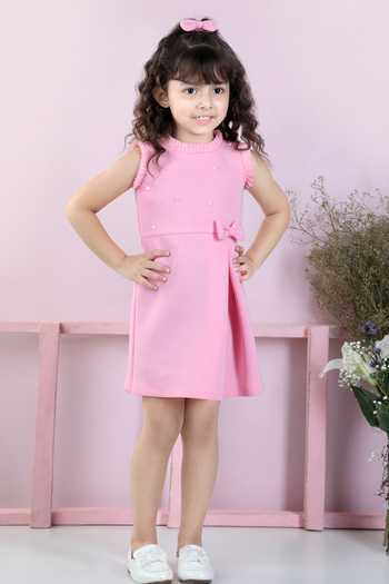 Buy_The Little Celebs_Pink Neoprene, Crepe Pearls Embellished Yoke Dress _Online_at_Aza_Fashions