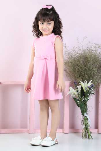 Shop_The Little Celebs_Pink Neoprene, Crepe Pearls Embellished Yoke Dress _Online_at_Aza_Fashions