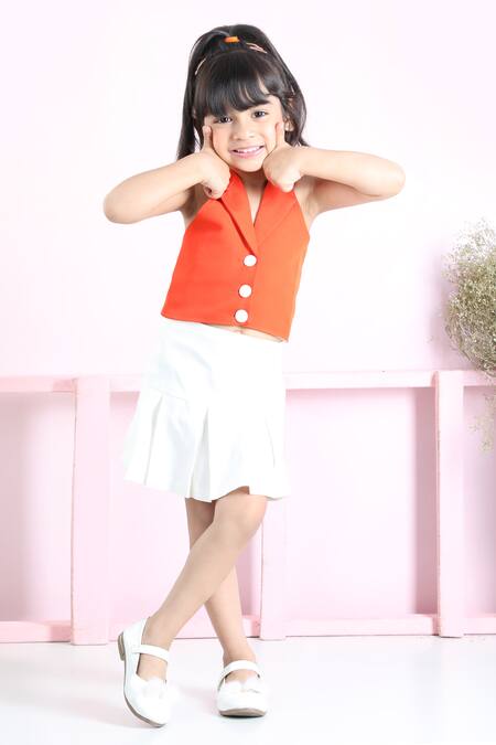 The Little Celebs_Orange Neoprene, Crepe Solid Waistcoat With Skirt _Online_at_Aza_Fashions