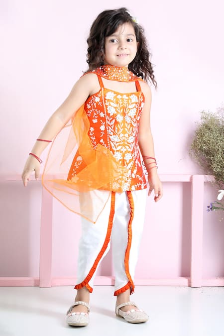 The Little Celebs_Orange Silk, Net, Crepe Embroidery Floral Kurta Dhoti Pant Set _Online_at_Aza_Fashions