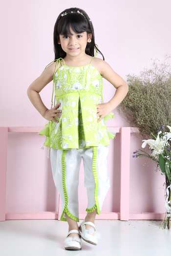 The Little Celebs_Green Silk, Crepe Embroidery Peplum Kurta With Dhoti Pant Set _Online_at_Aza_Fashions