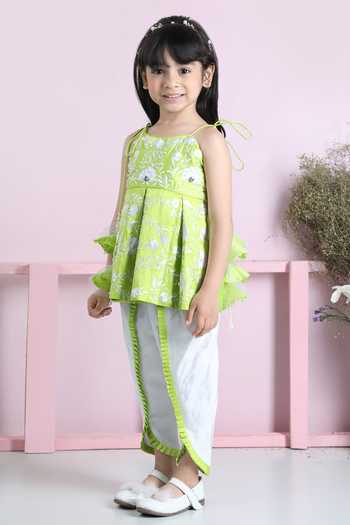 Shop_The Little Celebs_Green Silk, Crepe Embroidery Peplum Kurta With Dhoti Pant Set _Online_at_Aza_Fashions
