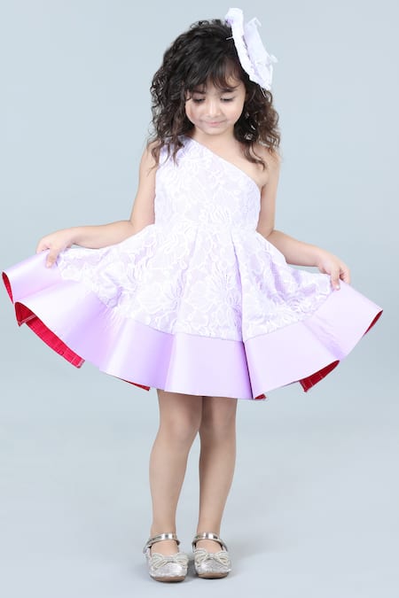 The Little Celebs_Purple Silk, Chanderi, Satin Lace Pattern One Shoulder Dress _Online_at_Aza_Fashions