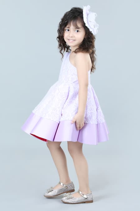 Shop_The Little Celebs_Purple Silk, Chanderi, Satin Lace Pattern One Shoulder Dress _Online_at_Aza_Fashions