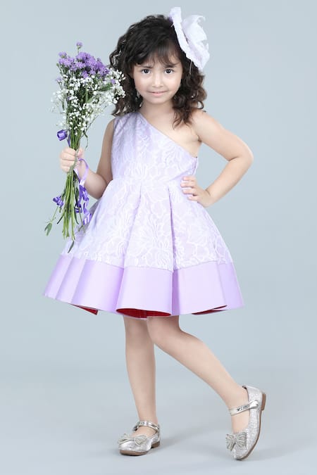 The little celebs Purple Silk And Chanderi Net Lace Pattern One Shoulder Dress 