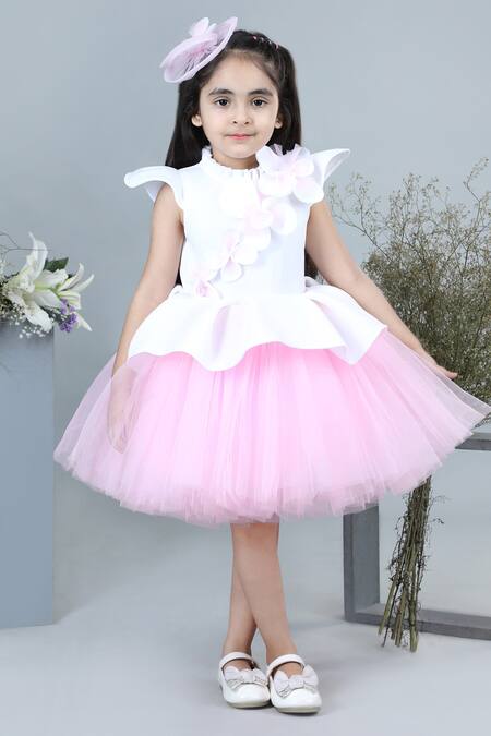 The Little Celebs_White Neoprene, Crepe Embroidery Floral Applique Two Tone Dress _Online_at_Aza_Fashions
