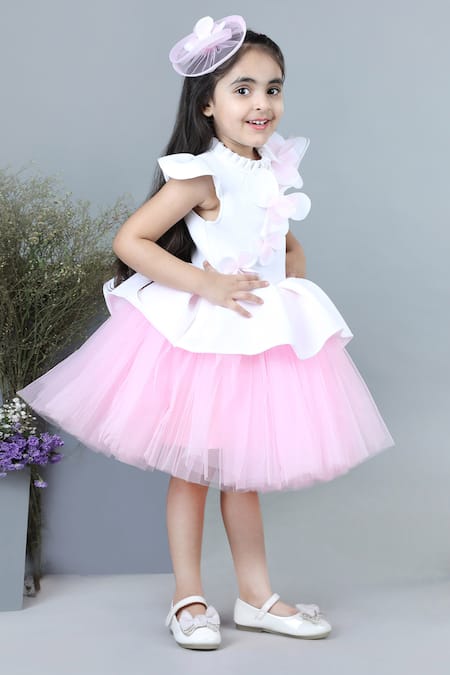 Shop_The Little Celebs_White Neoprene, Crepe Embroidery Floral Applique Two Tone Dress _Online_at_Aza_Fashions