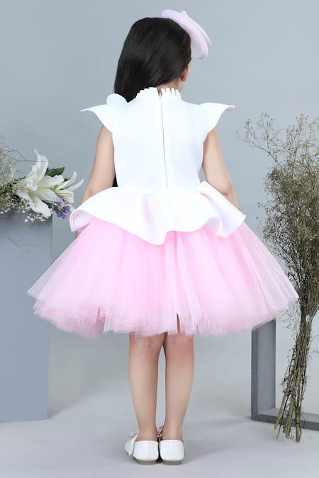 Shop_The Little Celebs_White Neoprene, Crepe Embroidery Floral Applique Two Tone Dress _at_Aza_Fashions