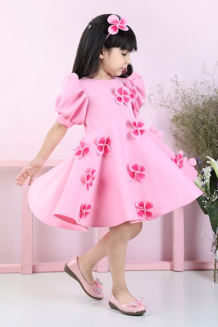 The Little Celebs_Pink Neoprene Embroidery Blossom Applique Dress _Online_at_Aza_Fashions