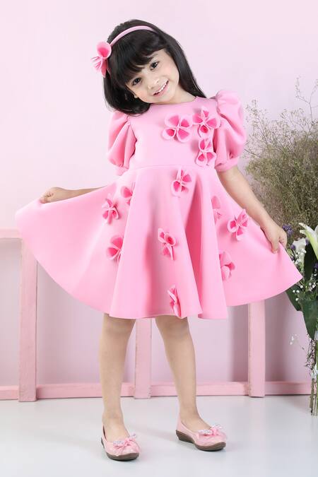 Buy_The Little Celebs_Pink Neoprene Embroidery Blossom Applique Dress _Online_at_Aza_Fashions
