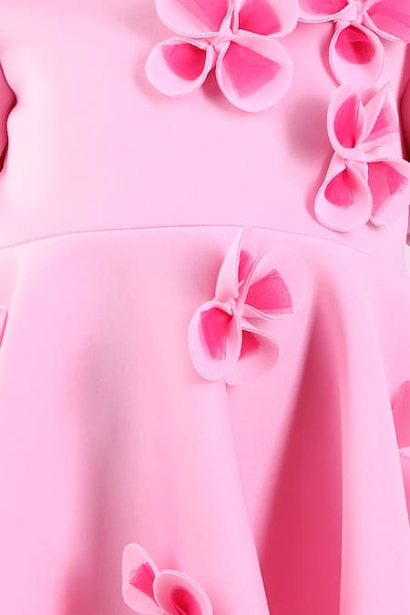 Shop_The Little Celebs_Pink Neoprene Embroidery Blossom Applique Dress _Online_at_Aza_Fashions