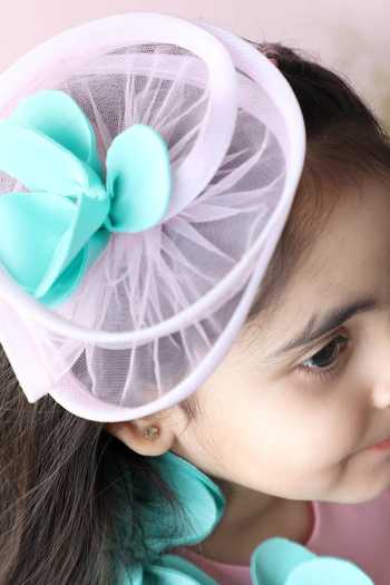The Little Celebs_Green Neoprene, Net Fabric Flowers Floral Applique Dress With Hair Band _Online_at_Aza_Fashions