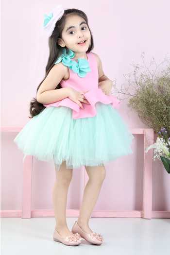 Buy_The Little Celebs_Green Neoprene, Net Fabric Flowers Floral Applique Dress With Hair Band _Online_at_Aza_Fashions