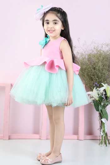 Shop_The Little Celebs_Green Neoprene, Net Fabric Flowers Floral Applique Dress With Hair Band _Online_at_Aza_Fashions