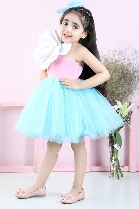 Buy_The Little Celebs_Pink Neoprene, Net Fabric Flowers Two Tone Side Applique Dress _Online_at_Aza_Fashions