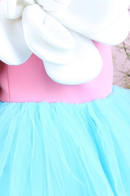 The Little Celebs_Pink Neoprene, Net Fabric Flowers Two Tone Side Applique Dress _at_Aza_Fashions