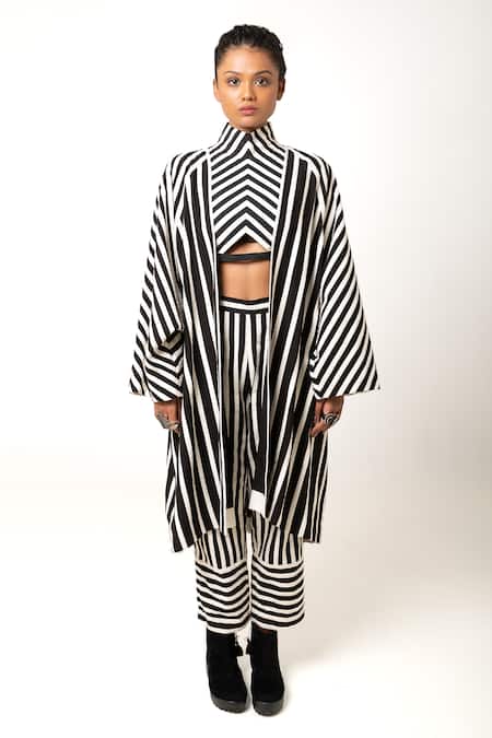 KA-Sha Black Cotton Open Neck Aloma Stripe Pattern Jacket 