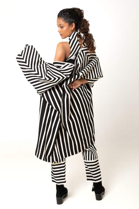 Shop KA-Sha Black Cotton Open Neck Aloma Stripe Pattern Jacket at Aza Fashions Shop_KA-Sha_Black Cotton Open Neck Aloma Stripe Pattern Jacket _at_Aza_Fashions