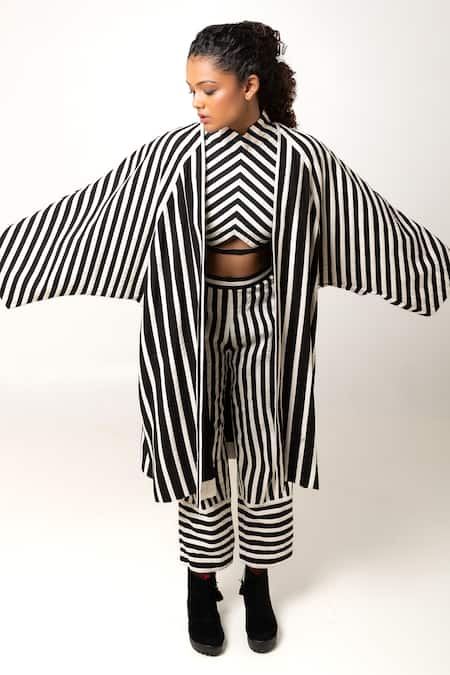 KA-Sha Black Cotton Open Neck Aloma Stripe Pattern Jacket Online at Aza Fashions KA-Sha_Black Cotton Open Neck Aloma Stripe Pattern Jacket _Online_at_Aza_Fashions