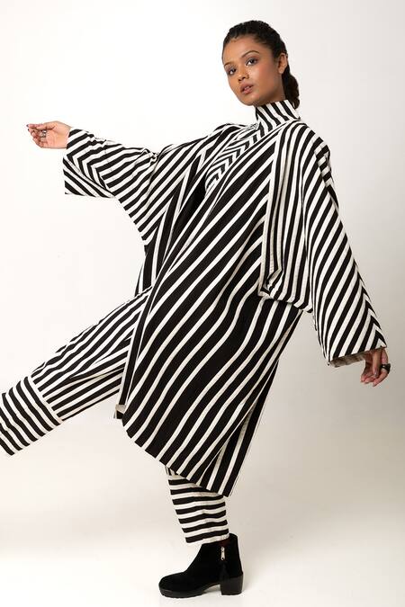 KA-Sha Black Cotton Open Neck Aloma Stripe Pattern Jacket at Aza Fashions KA-Sha_Black Cotton Open Neck Aloma Stripe Pattern Jacket _at_Aza_Fashions