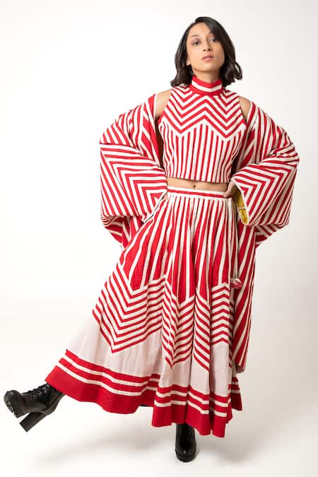 KA-Sha Red Cotton Open Neck Aloma Vertical Stripe Pattern Jacket 