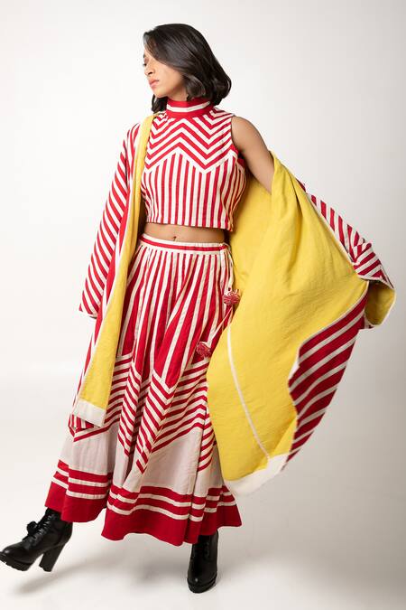 KA-Sha Red Cotton Open Neck Aloma Vertical Stripe Pattern Jacket Online at Aza Fashions KA-Sha_Red Cotton Open Neck Aloma Vertical Stripe Pattern Jacket _Online_at_Aza_Fashions