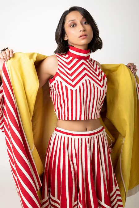 Buy KA-Sha Red Cotton Open Neck Aloma Vertical Stripe Pattern Jacket Online at Aza Fashions Buy_KA-Sha_Red Cotton Open Neck Aloma Vertical Stripe Pattern Jacket _Online_at_Aza_Fashions