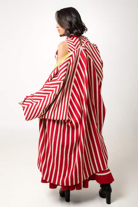 KA-Sha Red Cotton Open Neck Aloma Vertical Stripe Pattern Jacket at Aza Fashions KA-Sha_Red Cotton Open Neck Aloma Vertical Stripe Pattern Jacket _at_Aza_Fashions