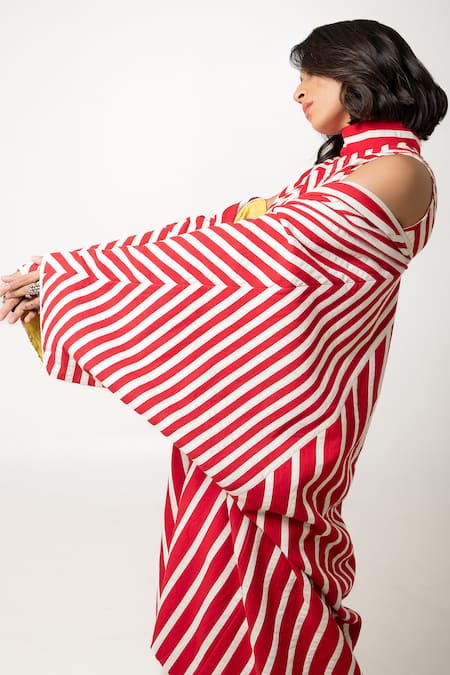 Buy KA-Sha Red Cotton Open Neck Aloma Vertical Stripe Pattern Jacket Buy_KA-Sha_Red Cotton Open Neck Aloma Vertical Stripe Pattern Jacket