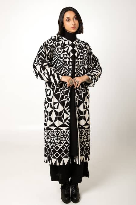 KA-Sha Black Cotton Geometric Open Asha Pattern Jacket 