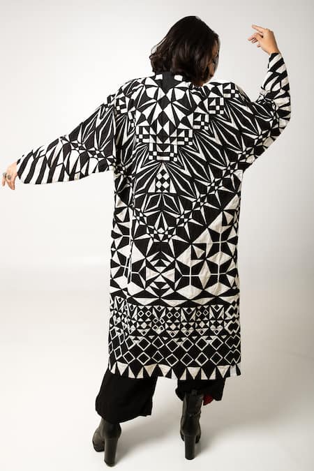 Shop KA-Sha Black Cotton Geometric Open Asha Pattern Jacket at Aza Fashions Shop_KA-Sha_Black Cotton Geometric Open Asha Pattern Jacket _at_Aza_Fashions