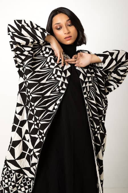 KA-Sha Black Cotton Geometric Open Asha Pattern Jacket at Aza Fashions KA-Sha_Black Cotton Geometric Open Asha Pattern Jacket _at_Aza_Fashions