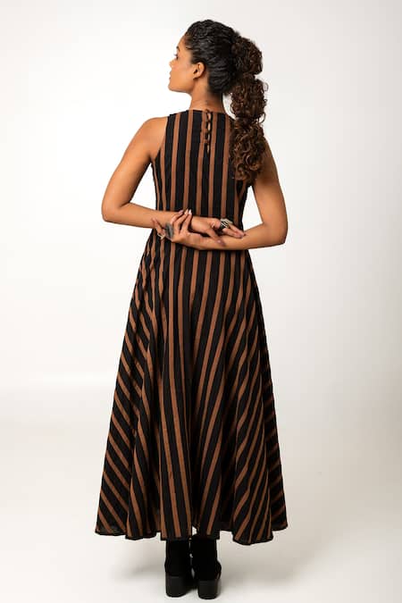 Shop KA-Sha Brown Cotton Applique Round Neck Bela Stripe Pattern Dress at Aza Fashions Shop_KA-Sha_Brown Cotton Applique Round Neck Bela Stripe Pattern Dress _at_Aza_Fashions