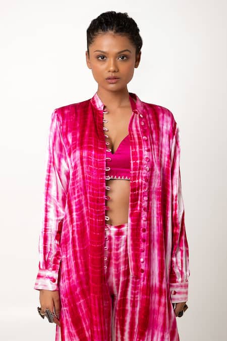 Buy_KA-Sha_Pink Silk Mandarin Collar Gulabo Tie Dye Shirt _Online_at_Aza_Fashions