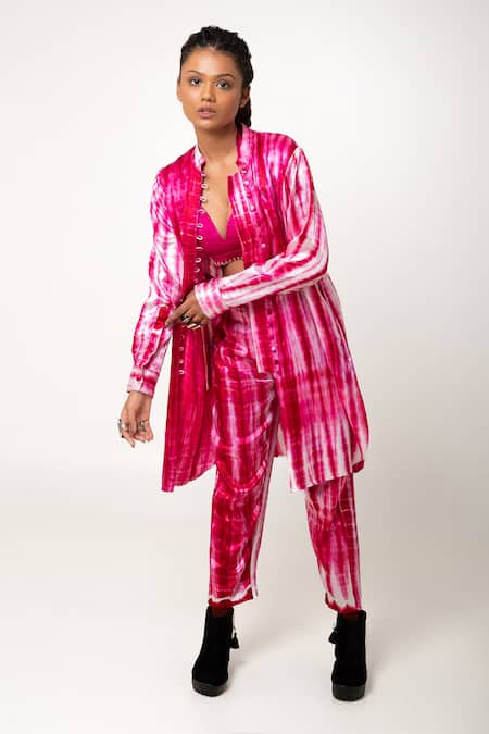 Shop_KA-Sha_Pink Silk Mandarin Collar Gulabo Tie Dye Shirt _Online_at_Aza_Fashions