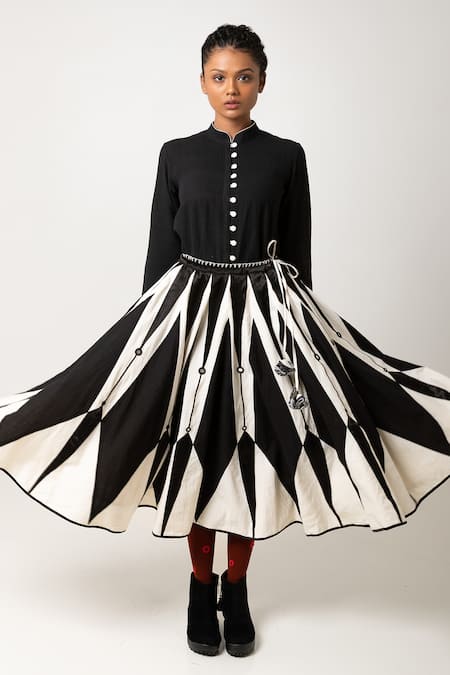 KA-Sha Black Cotton Embroidery Mandarin Collar Jheel Hand Dyed Button Down Shirt