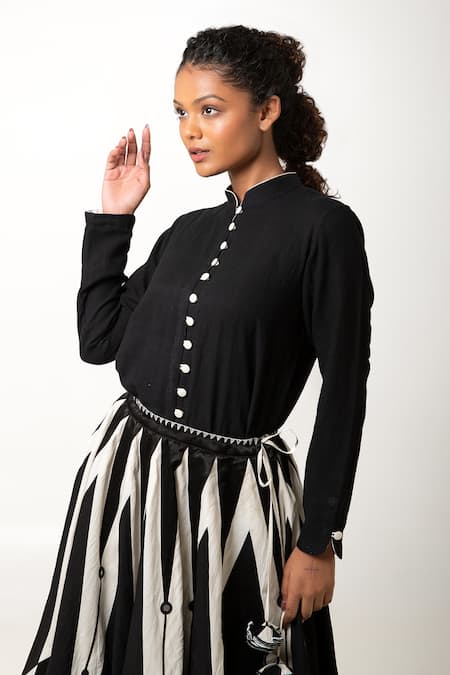 Shop KA-Sha Black Cotton Embroidery Mandarin Collar Jheel Hand Dyed Button Down Shirt at Aza Fashions Shop_KA-Sha_Black Cotton Embroidery Mandarin Collar Jheel Hand Dyed Button Down Shirt _at_Aza_Fashions