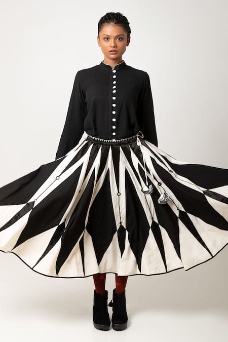 KA-Sha Black Cotton Embroidery Mandarin Collar Jheel Hand Dyed Button Down Shirt Online at Aza Fashions KA-Sha_Black Cotton Embroidery Mandarin Collar Jheel Hand Dyed Button Down Shirt _Online_at_Aza_Fashions