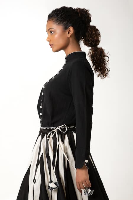 Shop KA-Sha Black Cotton Embroidery Mandarin Collar Jheel Hand Dyed Button Down Shirt Online at Aza Fashions Shop_KA-Sha_Black Cotton Embroidery Mandarin Collar Jheel Hand Dyed Button Down Shirt _Online_at_Aza_Fashions