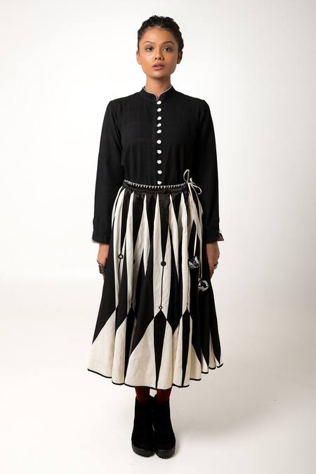 KA-Sha Black Cotton Embroidery Mandarin Collar Jheel Hand Dyed Button Down Shirt at Aza Fashions KA-Sha_Black Cotton Embroidery Mandarin Collar Jheel Hand Dyed Button Down Shirt _at_Aza_Fashions