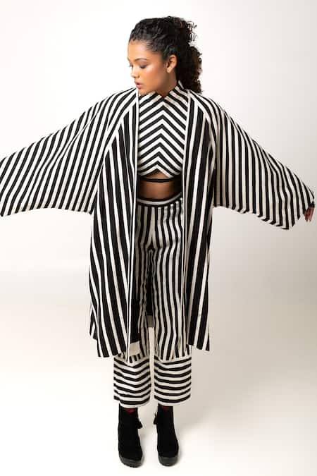 KA-Sha Black Cotton Applique Turtle Neck Polo Striped Crop Top 