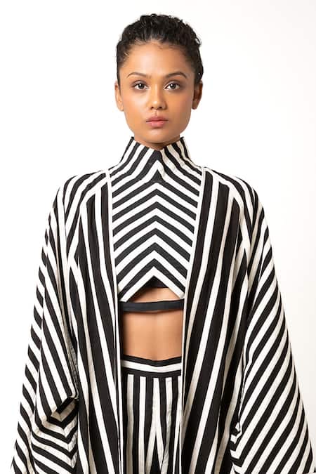 KA-Sha_Black Cotton Applique Turtle Neck Polo Striped Crop Top _Online_at_Aza_Fashions