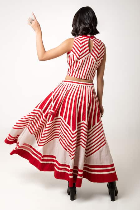 Shop KA-Sha Red Cotton Applique Turtle Neck Rachana Striped Crop Top at Aza Fashions Shop_KA-Sha_Red Cotton Applique Turtle Neck Rachana Striped Crop Top _at_Aza_Fashions