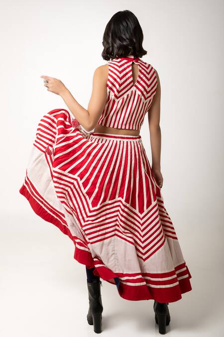 KA-Sha Red Cotton Applique Turtle Neck Rachana Striped Crop Top Online at Aza Fashions KA-Sha_Red Cotton Applique Turtle Neck Rachana Striped Crop Top _Online_at_Aza_Fashions